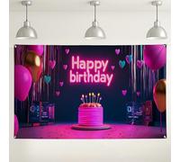 Happy Birthday Sfondo con luci al neon, vivaci decorazioni per feste per fotografie, torta di pesca e design a forma di cuore, per feste di compleanno per interni ed esterni, 180 x 109 cm