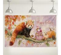Happy Birthday - Sfondo con panda rosso, decorazioni a tema fauna selvatica e foresta autunnale, carino forniture per feste autunnali e compleanni, 180 x 109 cm