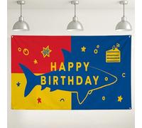 Happy Birthday Sfondo con squalo, decorazioni colorate per feste a tema oceano, luminoso sfondo fotografico per interni ed esterni, per feste di compleanno per bambini, 180 x 109 cm