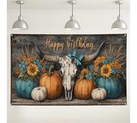 Happy Birthday - Sfondo con teschio di mucca occidentale, decorazioni autunnali floreali rustiche, perfetto per feste interne/esterne, forniture per feste di compleanno autunnali, 180 x 109 cm