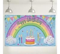 Happy Birthday - Sfondo da parete arcobaleno con torta colorata e candele, decorazione per feste, divertente sfondo fotografico per interni ed esterni, per celebrazioni, atmosfera gioiosa e festiva
