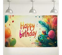 Happy Birthday - Sfondo da parete colorato con pavone, vivace decorazione per feste per fotografie, forniture per interni ed esterni, 180 x 109 cm