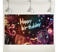 Happy Birthday sfondo da parete colorato, divertenti decorazioni per feste al neon, vivace sfondo per interni/esterni per celebrazioni, ideale per feste di compleanno ed eventi festivi, 180 x 109 cm