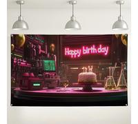 Happy Birthday - Sfondo per feste al neon, decorazioni colorate a tema scientifico per celebrazioni, divertente sfondo per interni ed esterni, per compleanni ed eventi speciali, 180 x 109 cm
