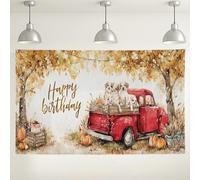 Happy Birthday - Sfondo vintage con camion, graziose decorazioni autunnali per feste con cuccioli, sfondo rustico per interni/esterni, per fotografia, festa di compleanno, 180 x 109 cm