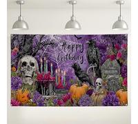 Happy Birthday Skull and Crow Sfondo gotico floreale per feste di Halloween, sfondo fotografico spettrale per interni ed esterni, per feste di compleanno, 180 x 109 cm