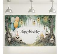 Happy Birthday Skull Party Sfondo per feste, sfondo fotografico estetico fantasioso albero infestato, decorazioni spettrali per Halloween e celebrazioni tutto l'anno, 180 x 109 cm