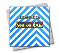 Happy Birthday Son-in-law, Blue Chevron - Biglietto d'auguri con testo laminato, colore: Oro lucido