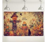 Happy Birthday Spaventapasseri, decorazioni floreali colorate per feste di Halloween, sfondo fotografico autunnale rustico per feste di compleanno per bambini, 180 x 109 cm