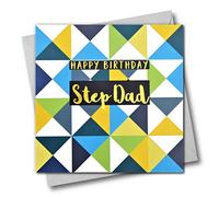 Happy Birthday Step Dad, triangoli, biglietto d'auguri con testo laminato in oro lucido