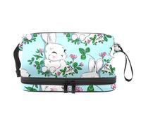 Happy Bunny with Clover Flower - Trousse per cosmetici a doppio strato, per donne e ragazze, borsa da viaggio per trucchi, pratica borsa organizer con scomparto per pennelli, Multi, 27x15x14