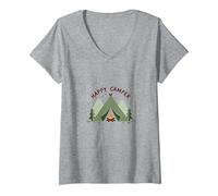 Happy Camper All'aperto Avventura Tenda Fuoco Maglietta con Collo a V, Donna, Grigio Melange, XXL