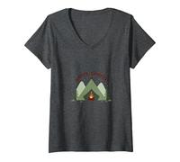 Happy Camper All'aperto Avventura Tenda Fuoco Maglietta con Collo a V, Donna, Grigio Scuro, XXL