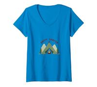 Happy Camper All'aperto Avventura Tenda Fuoco Maglietta con Collo a V, Donna, Zaffiro, XXL