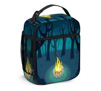Happy Camper, Borsa per il pranzo Borsa per il pranzo isolata Borse riutilizzabili per donne Uomini Lavoro Picnic in campeggio, Fuoco solitario nei boschi di notte, Lunchbox portatile per adulti Blu