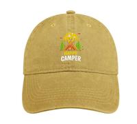Happy Camping divertente berretto da baseball in cotone denim vintage regolabile visiera parasole cappello papà per donne uomini, Stile color sabbia, Taglia unica