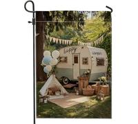 Happy Camping Garden Flag, striscione vintage per feste in campeggio con decorazione rustica per esterni, bandiera su entrambi i lati, in iuta, decorazione per prato per primavera ed estate, 30,5 x