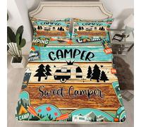 Happy Camping - Set di biancheria da letto con lenzuolo con angoli per letto singolo, 2 pezzi, decorazione per la camera dei bambini e ragazzi, con assi di legno blu e grigio, con 1 federa, morbido