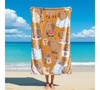 Happy Capybara - Telo mare stampato per feste alimentari, in microfibra, motivo capibara, ciambella, pizza, hamburger e stelle, morbido telo da spiaggia essenziale per le vacanze in piscina (stile