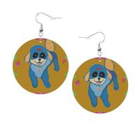 Happy Cartoon Dog - Orecchini rotondi in pelle PVC stampata su entrambi i lati, con ganci placcati in argento 925, taglia unica, argento Sterling e pietra dorata, One Size, Argento sterling, Pietra