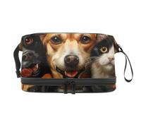 Happy Cats and Dogs - Trousse per cosmetici a doppio strato, per donne e ragazze, trousse da viaggio per trucchi, pratica borsa organizer con scomparto per pennelli, Multi, 27x15x14 cm/10.6x5.9x5.5