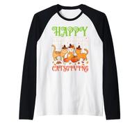 Happy Catsgiving - Simpatico Gatto del Ringraziamento Che Indossa Un Cappello da pellegrino Maglia con Maniche Raglan