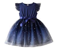 Happy Cherry Abito Estivo in Tulle Bambina Maniche Volant Vestito da Principessa tutù Abiti Festa Compleanno Matrimonio 3-4 Anni Blu Scuro