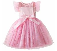 Happy Cherry Abito Ragazza Maniche Corte in Rete Volant, Vestito da Cerimonia Nuziale Festivo a Trapezio in Tulle per Bambina 2-3 Anni Rosa