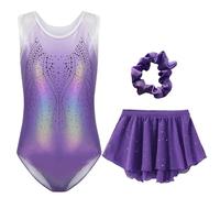 Happy Cherry Bambina Body da Ginnastica Smanicato con Gonna+Fascia per Capelli 3 Pezzi Costume da Danza Balletto Gara Artistica Body Brillante Paillettes Viola per Ragazze 9-10 Anni