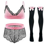 Happy Cherry Bikini Crossdressing Lingerie Set per Uomini Reggiseno Biancheria Intima Calze Set 3 Pezzi, nero e rosa, 3XL