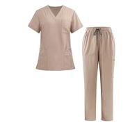 Happy Cherry Completi di Camici Unisex Casacca Medico a Manica Corta con Scollo V + Pantaloni con Coulisse a Vita Elastica Set di 2 Divise Sanitarie Beige per Donna Uomo, M