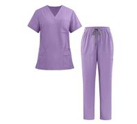 Happy Cherry Completi di Camici Unisex Casacca Medico a Manica Corta con Scollo V + Pantaloni con Coulisse a Vita Elastica Set di 2 Divise Sanitarie Viola Chiaro per Donna Uomo, M