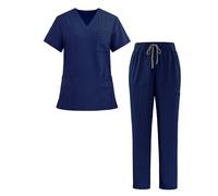 Happy Cherry Completi di Camici Unisex Casacca Medico a Manica Corta con Scollo V + Pantaloni con Coulisse a Vita Elastica Set di 2 Divise Sanitarie Blu Scuro per Donna Uomo, M