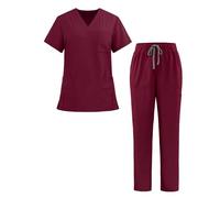 Happy Cherry Completi di Camici Unisex Casacca Medico a Manica Corta con Scollo V + Pantaloni con Coulisse a Vita Elastica Set di 2 Divise Sanitarie Vino Rosso per Donna Uomo, M