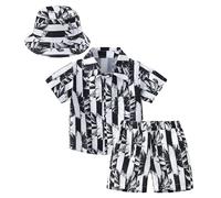 Happy Cherry Completi Estivi Bambini 3 Pezzi Set Coordinato Ragazzi Camicia Manica Corta + Pantaloncini Vita Elastica + Cappello Completo Stampa da Spiaggia 6-7 Anni Strisce Nere
