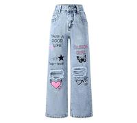Happy Cherry Y2K Hip Hop Jeans da ragazza, con foro in denim, con gamba larga, dritta, per bambini dai 5 ai 14 anni, Blu, 13-14 Anni