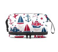 Happy Columbus Day of Nautical Anchors Barche a vela, borsa per cosmetici a doppio strato, per donne e ragazze, borsa da viaggio per trucchi pratica borsa organizer con scomparto per pennelli, Multi,