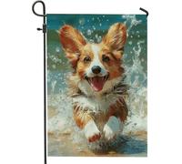 Happy Corgi - Bandiera da giardino con spruzzi d'acqua, motivo cane arancione, decorazione per esterni, motivo animali primaverili ed estivi, a tema animale, decorazione divertente per il prato per