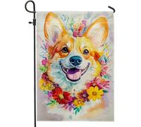 Happy Corgi Bandiera da giardino floreale, cane arancione brillante con fiori, decorazione per la casa, decorazione stagionale per prato all'aperto su entrambi i lati, perfetta per feste primaverili