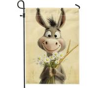 Happy Donkey - Bandiera da giardino con asino grigio che tiene fiori per la casa, bandiera su entrambi i lati in iuta per cortile, decorazione primaverile per esterni, 30,5 x 45,7 cm
