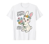 Happy Easter Bunny Bouquet Primavera Benedizioni Floreali Corona Maglietta