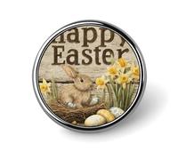 Happy Easter Bunny Eggs Narcisi su legno spilla rotonda per uomo donna moda distintivo collare pin vestito giacca zaino accessori