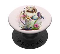 Happy Easter Cat Easter Tea Cup Coffee Cat Siamese Floral PopSockets PopGrip Adesivo