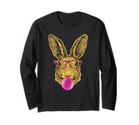 Happy Easter Cute Bunny Face with Bubble Gum Leopard Glasses Maglia a Manica