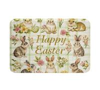 Happy Easter Cute Rabbit Eggs Flower Leaves Green Plaid Tappeto Entrata Interno Pulizia Facile Tappeto Ingresso Zerbino Tappeto Per Scale Casa Balcone 40x60Cm