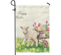 Happy Easter Garden Flag Sheep Cute Eggs Farmhouse Acquerello Tulipani Bianco Lino Stampato Cartello Decorativo Modello Grande Casa Interno Esterno Patio Doppio Lato Bandiera 30,5 x 45,7 cm