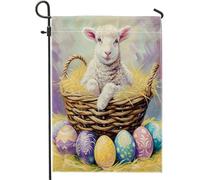 Happy Easter Garden Flag Sheep Eggs Goat Wood Watercolor Farmhouse White Linen Party Decoration Standard Size Double sided Lawn House Patio Wall Decor Indoor Portico Yard Flag 30,5 x 45,7 cm