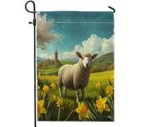 Happy Easter Garden Flag Sheep Farmhouse Scene Tulipani castelli Foresta Verde Lino Decorazione per feste Dimensioni standard su entrambi i lati Prato Casa Patio Decorazione da parete Portico Interno