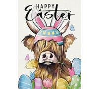 Happy Easter Highland Cow Cute Easter Eggs Peeps Farm Bandiera Da Giardino Resistente Alle Intemperie Bandiera Colore Vivido Flag Per Casa Interno Esterno 30X45Cm