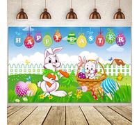 Happy Easter Party Sfondo Striscione, Primavera Pasqua Coniglio Uova Colorate e Pulcino Segno Erba Verde Cortile Foto Sfondo Coniglietto Fotografia per la Decorazione della Festa di Pasqua, Caccia